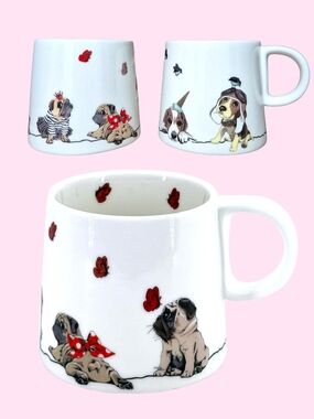 Pugs & Beagles Whimsical  Illustrated Dog Mugs, Bone China , Set Of 2